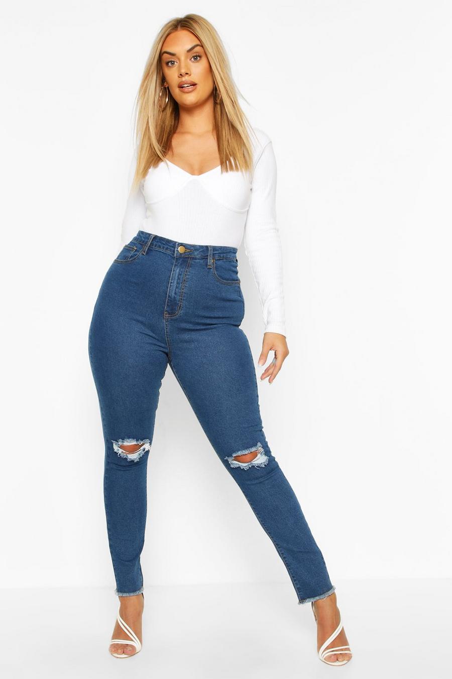 Mid wash Plus - Skinny jeans med fransig kant och slitna knän image number 1