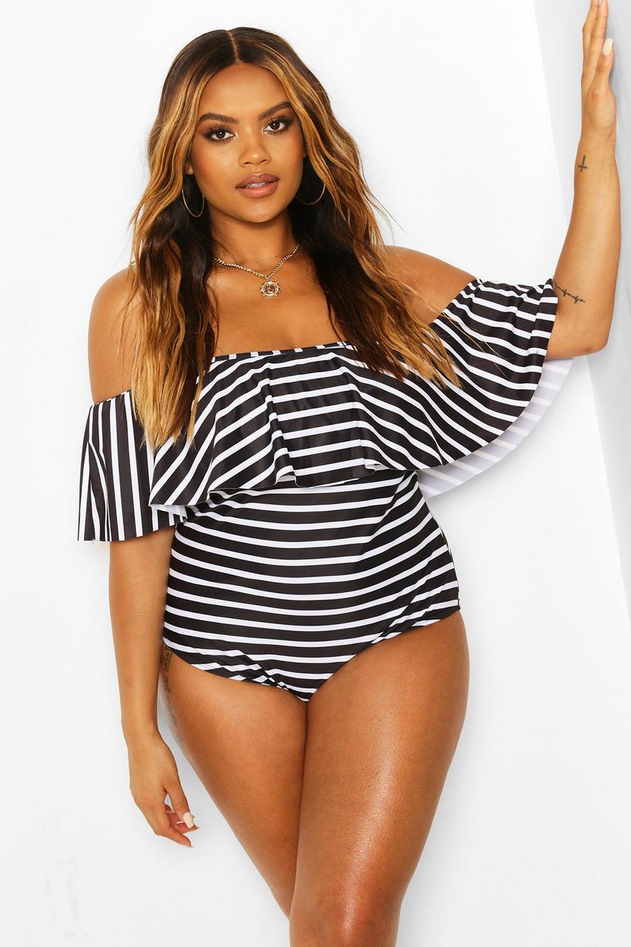 Black Plus Stripe Off The Shoulder Ruffle Swimsuit image number 1