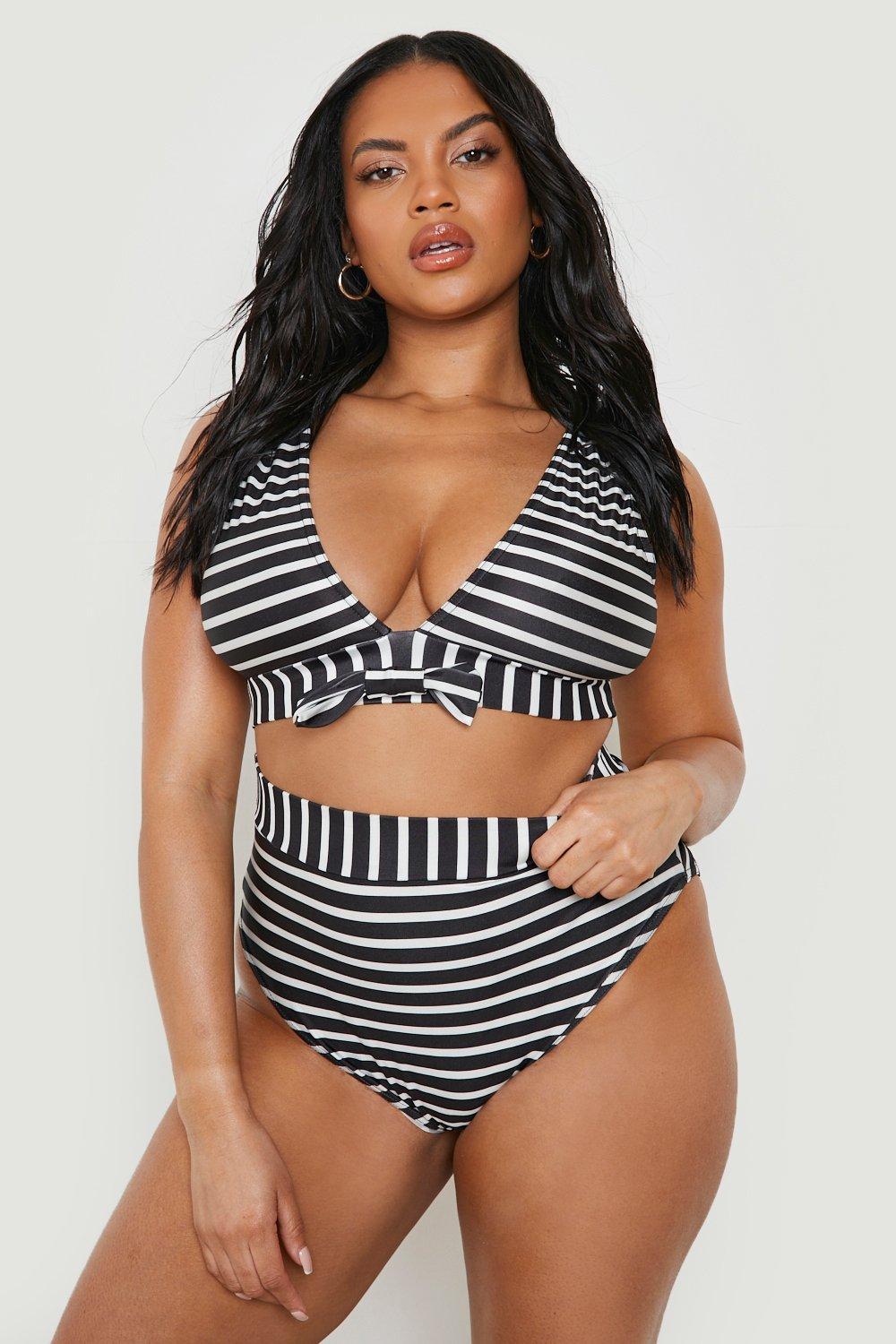 boohoo Plus Stripe Tie Front High Waist Bikini Black Size 24