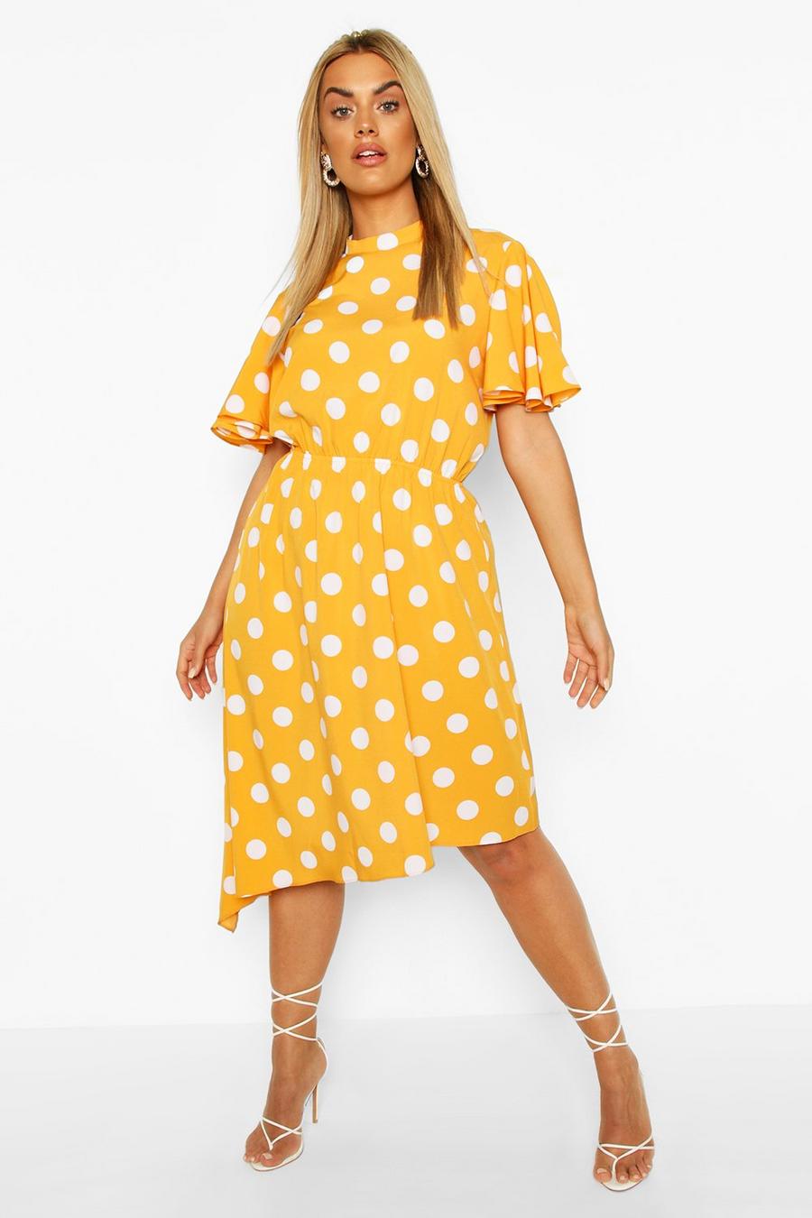 Mustard Plus Spot Angel Sleeve Midi Dress image number 1