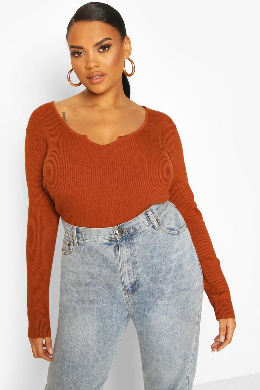 Chocolate Plus Notch Neck Long Sleeve Knit Top image number 1