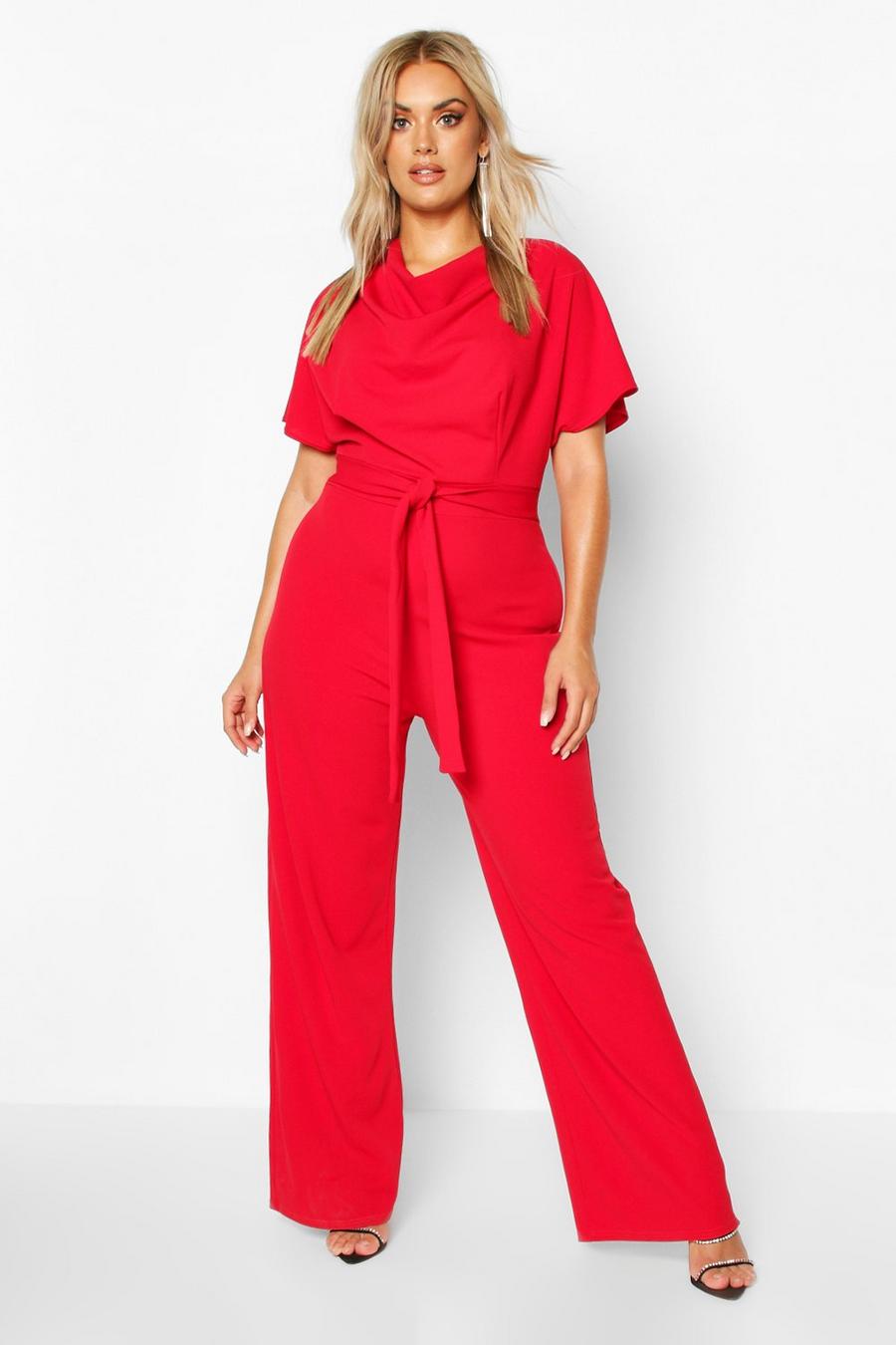 Red Plus Cowl Neck Belted Wide Leg Jumpsuit image number 1