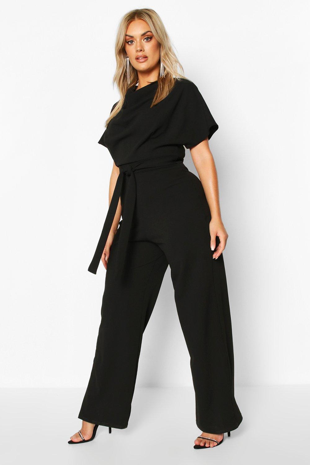 off one shoulder pierced belted wide leg jumpsuit