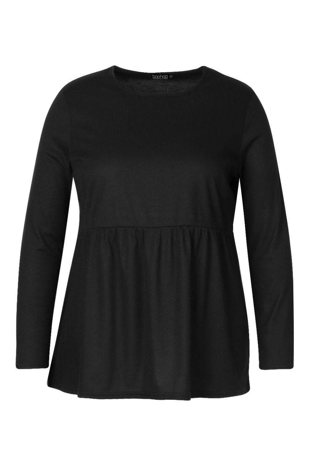 Women's Black Plus Soft Rib Long Sleeve Tunic Top