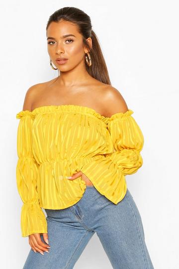 Mustard Yellow Petite Satin Stripe Puff Sleeve Off The Shoulder Top