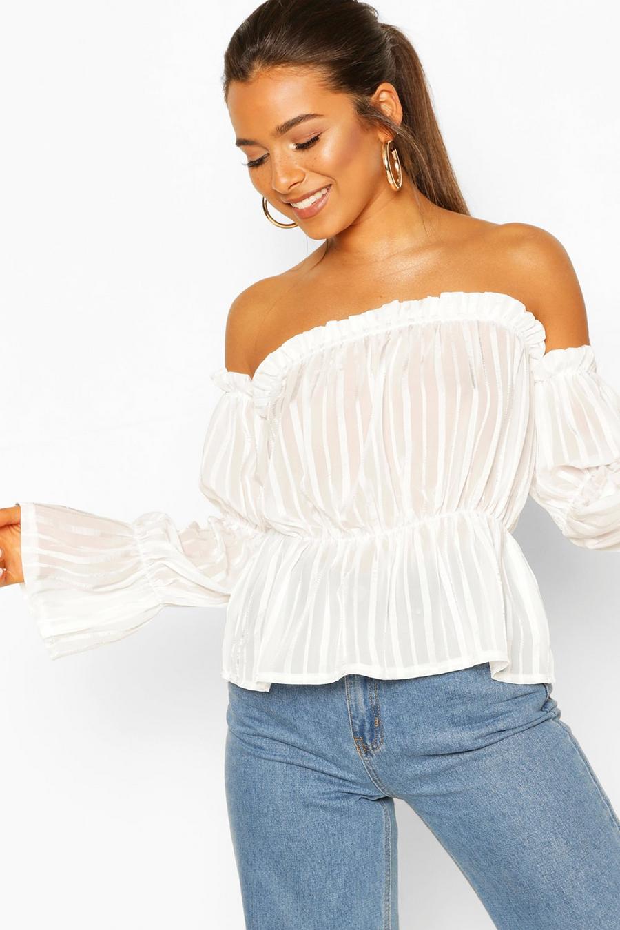 White Petite Satin Stripe Puff Sleeve Off The Shoulder Top image number 1