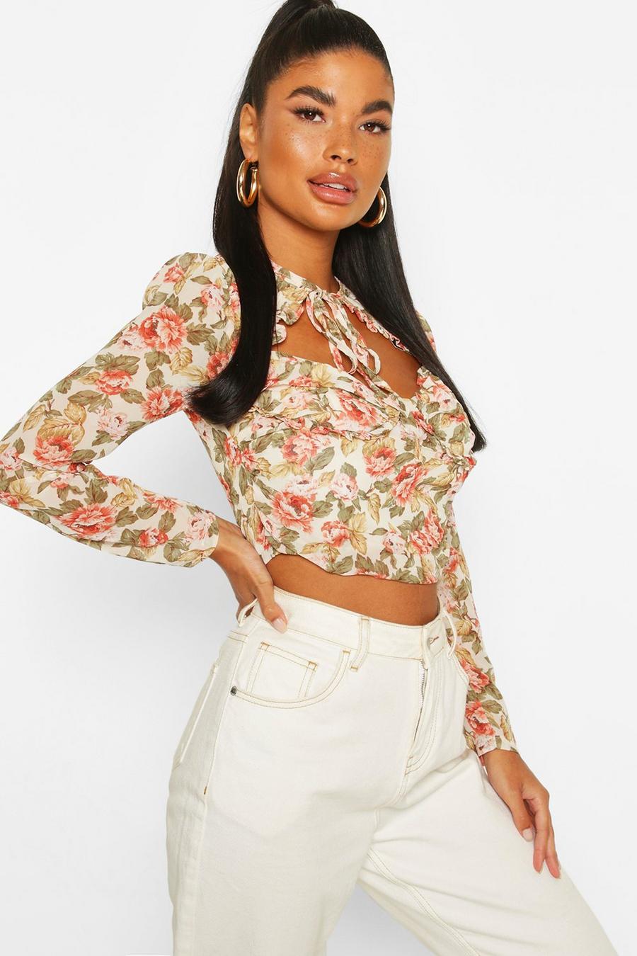 Ivory Petite Floral Long Sleeve Tie Front Detail Top image number 1