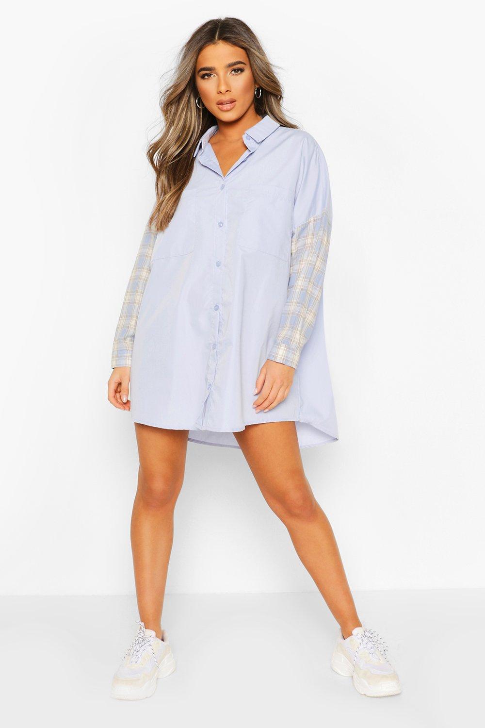 Petite Contrast Check Shirt Dress boohoo DK