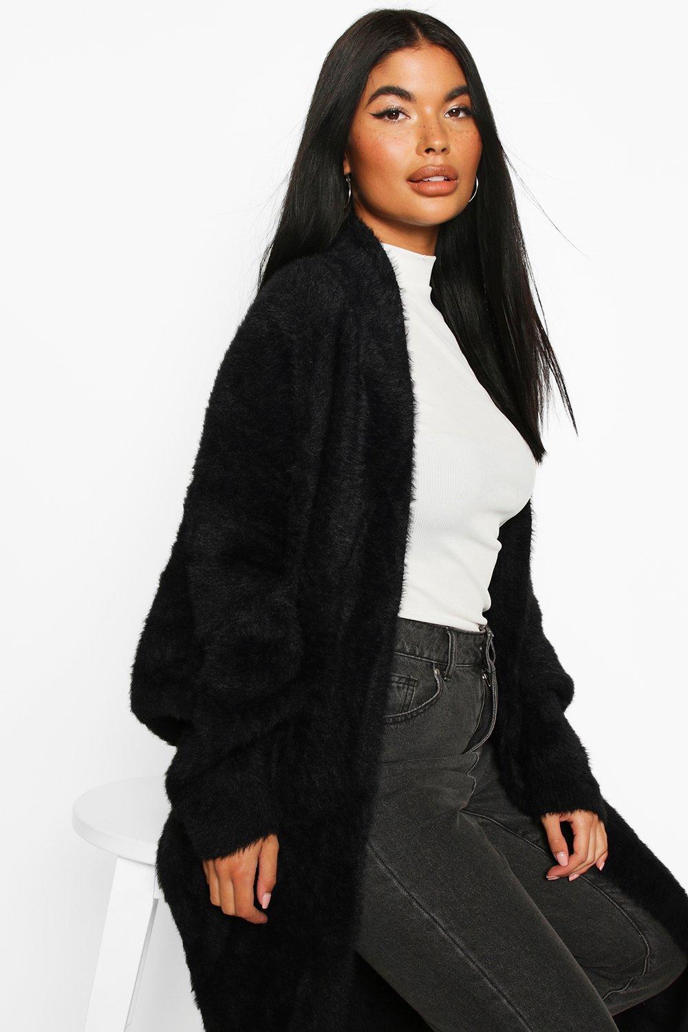 Long black fluffy cardigan sale