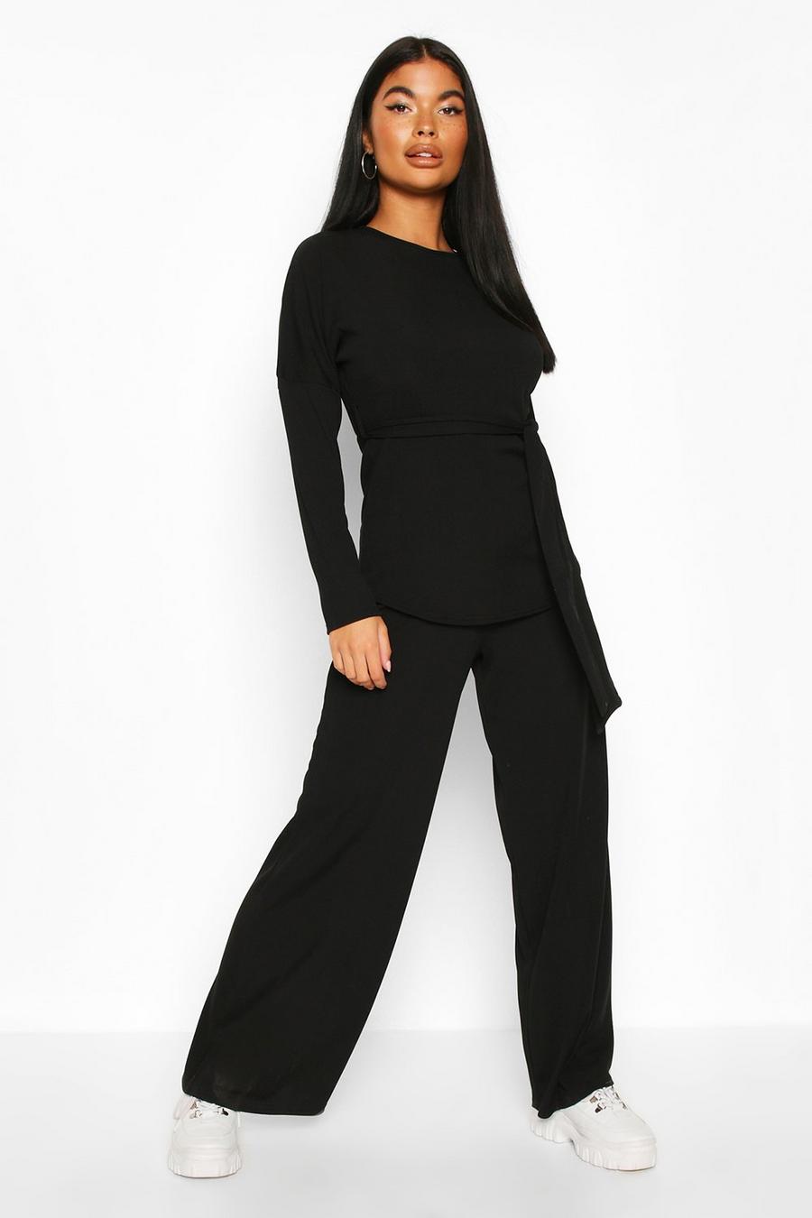 Petite Ribbed Belted T-Shirt & Wide Leg Co-Ord image number 1