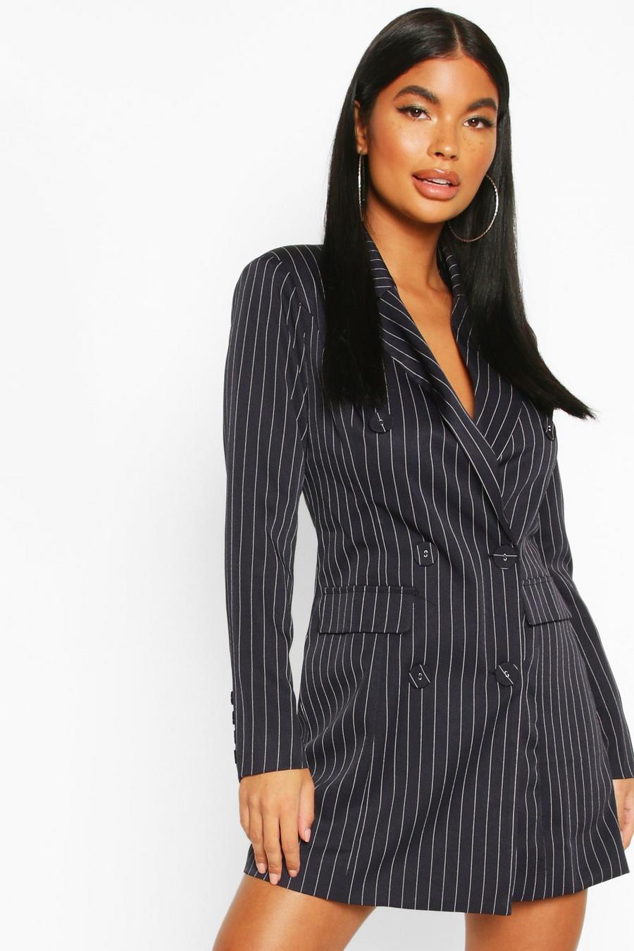 Petite Double Breasted Pinstripe Belted Blazer Dress image number 1