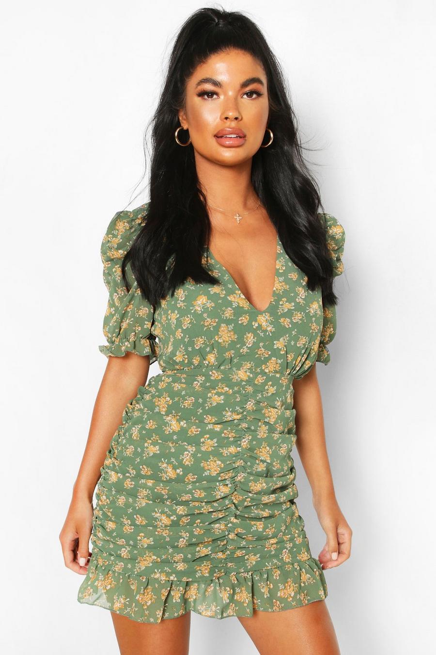 Green Petite Floral Ruched Mini Dress