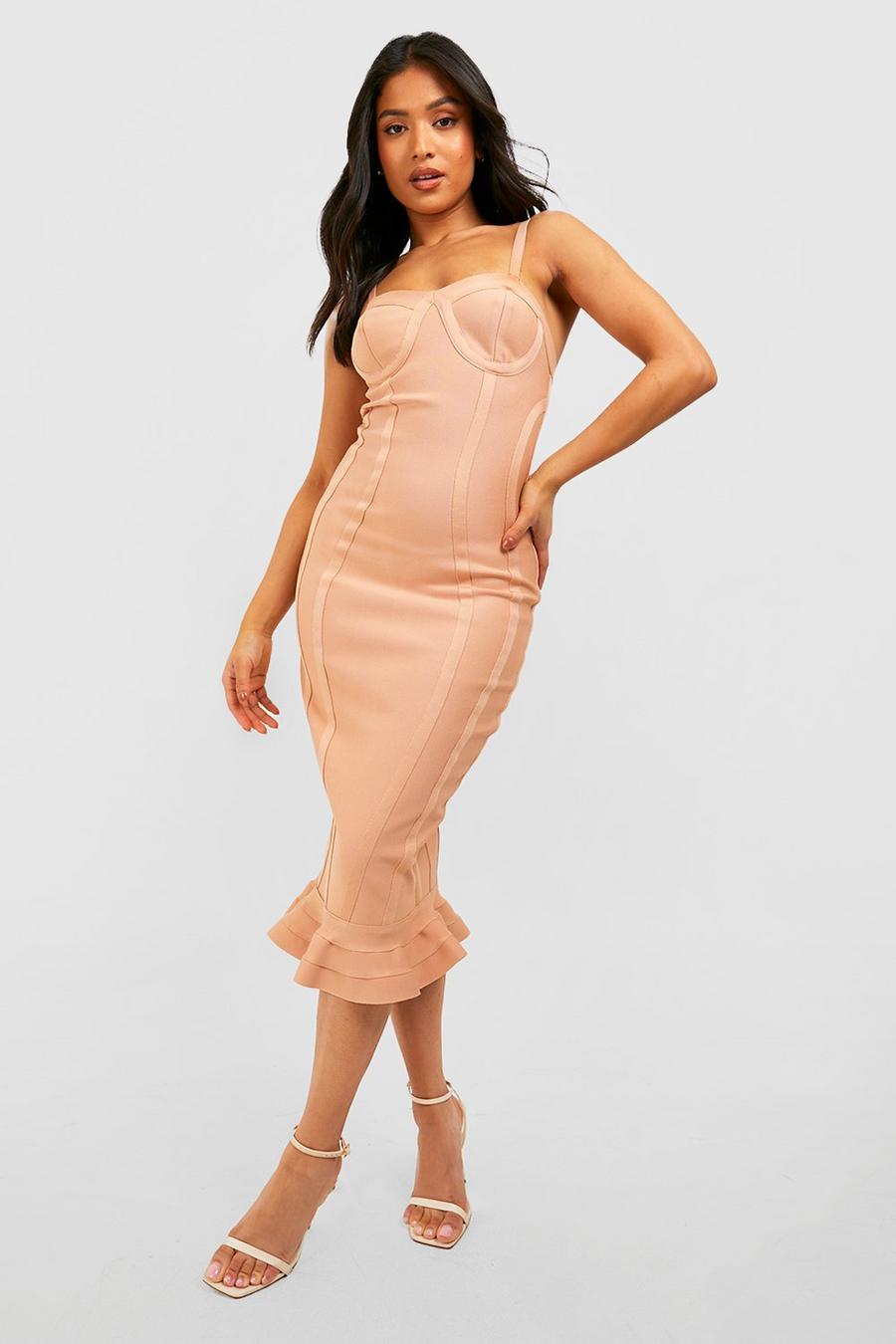 Coral pink Petite Bandage Frill Hem Midi Dress