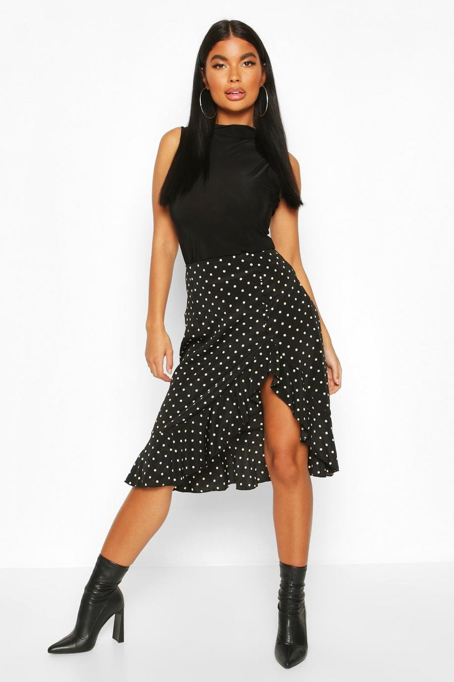 Black Petite Ruffle Polka Dot Midi Skirt image number 1