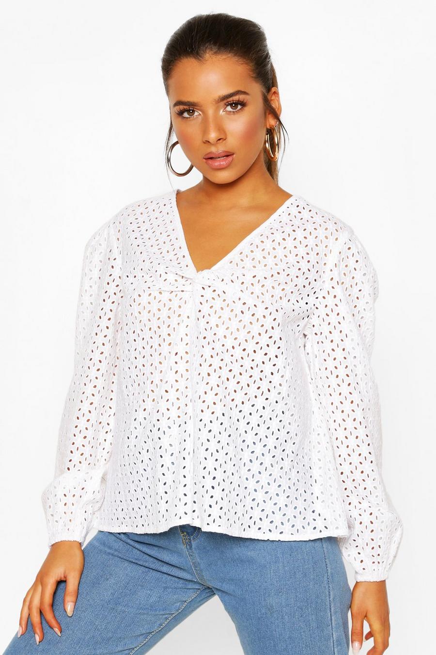 Petite Broderie Twist Front Puff Sleeve Top image number 1