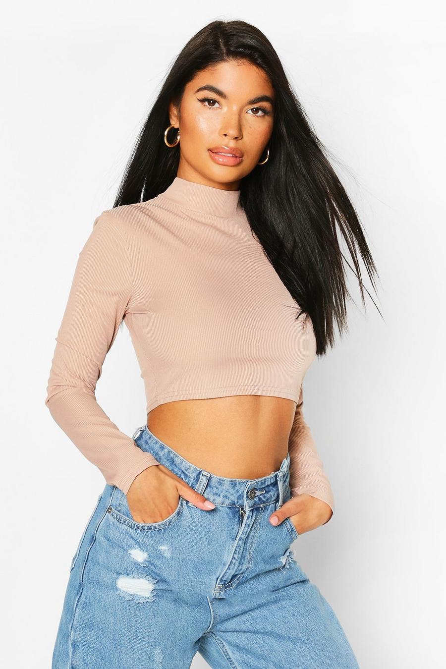 Sand Petite High Neck Ribbed Crop Top image number 1