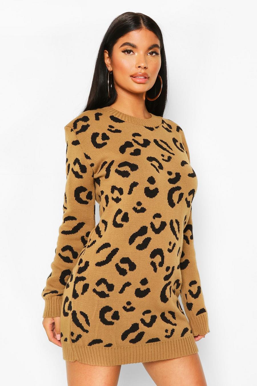 Camel Petite Leopard Sweater Dress image number 1