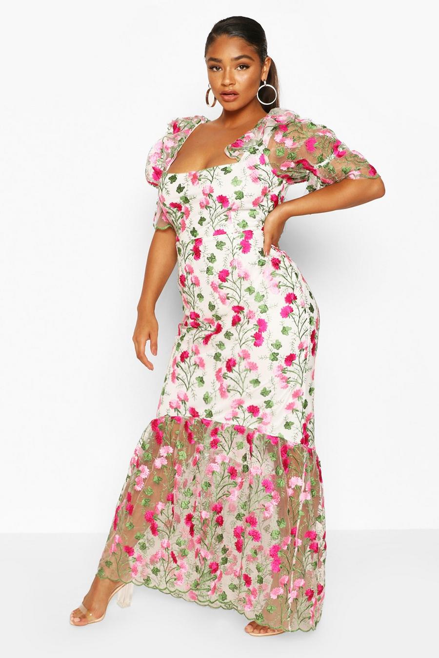 Plus - Midiklänning med puffärm i blommig spets image number 1