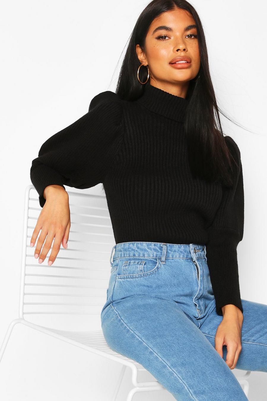 Black Petite Puff Sleeve Turtleneck Sweater image number 1