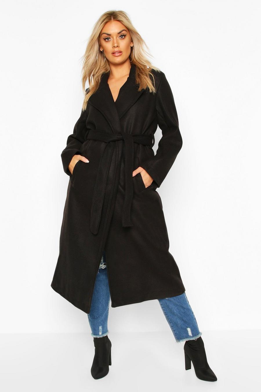 Black Plus Oversized Self Belted Long Coat image number 1