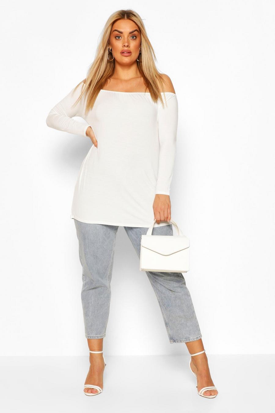 Top Plus basic oversize a maniche lunghe con spalle scoperte, Bianco image number 1
