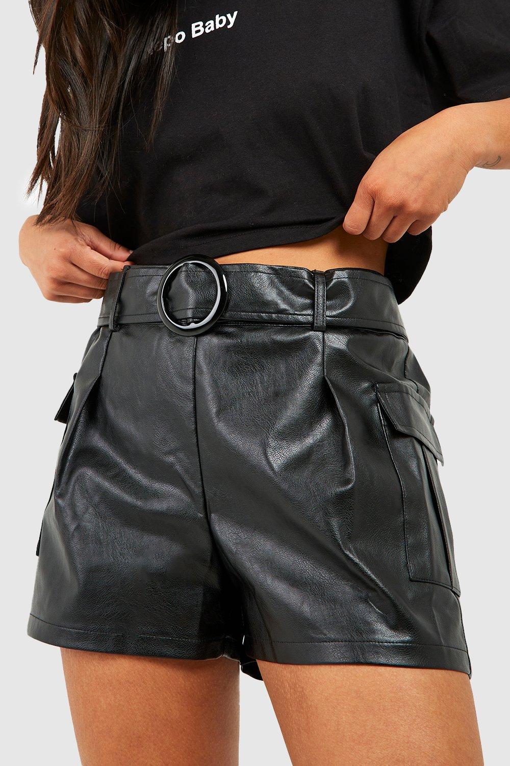 Petite Leather Belted Pocket Shorts boohoo