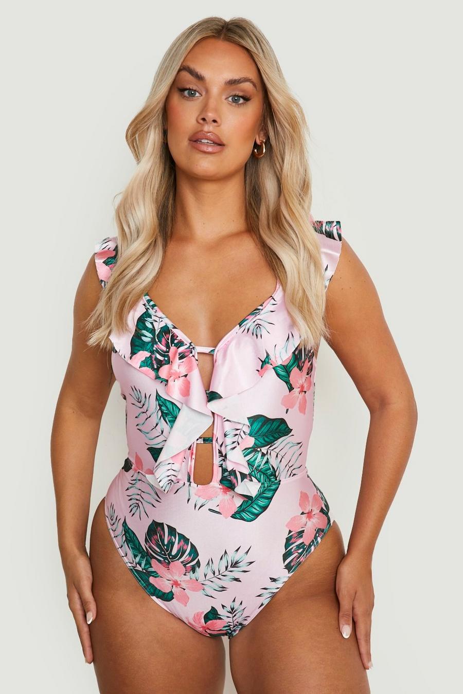 Pink Plus Tropical Ruffle Plunge Swimsuit
