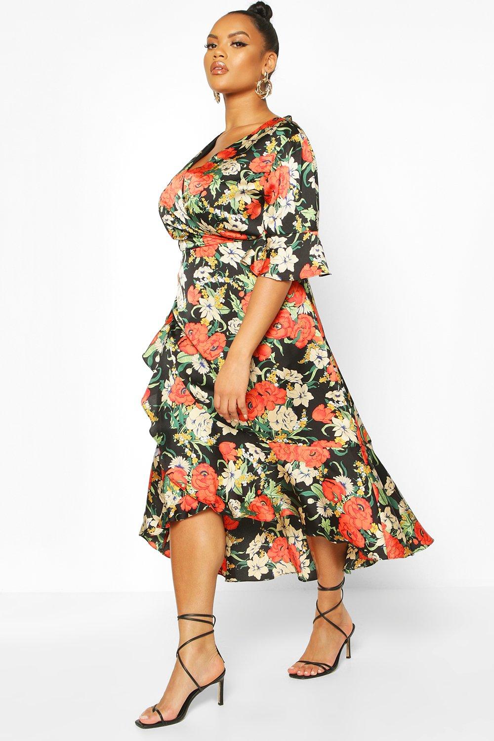 wrap ruffle midi dress