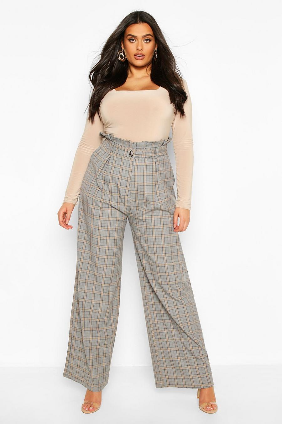 Plus High Waisted Slim Checked Trousers