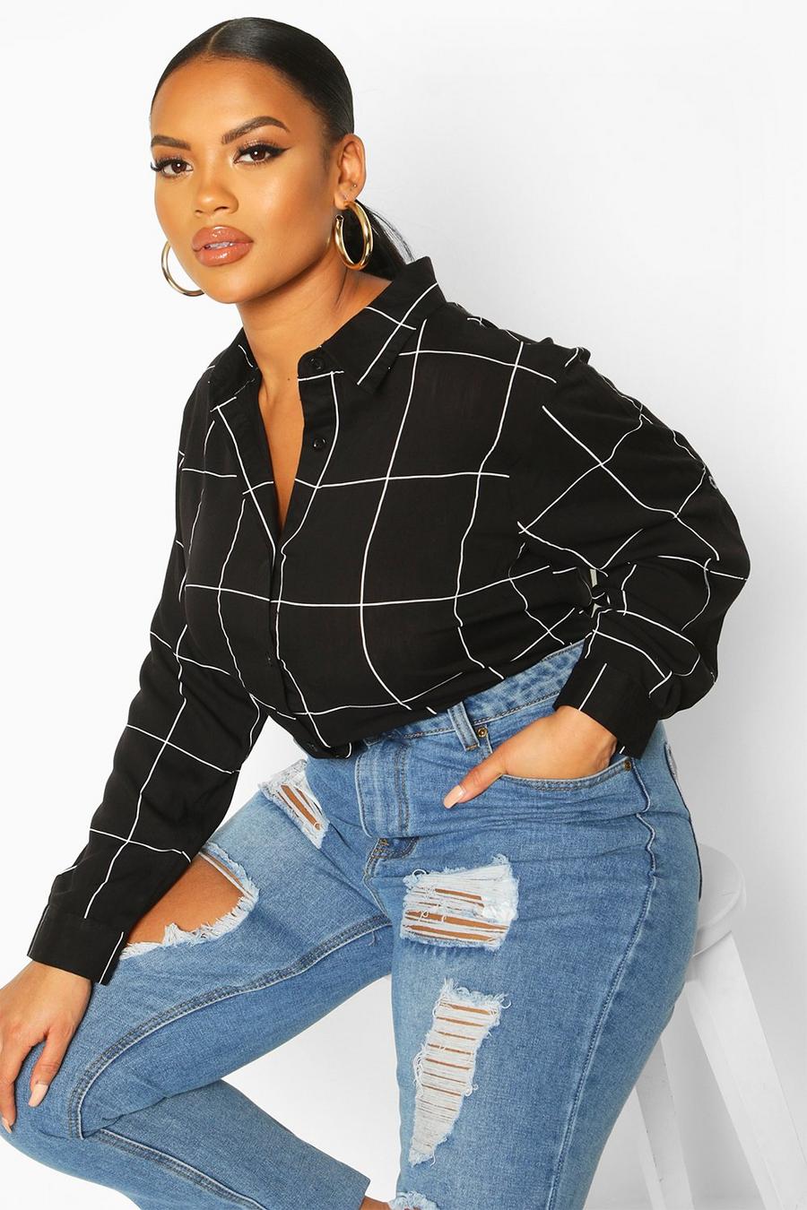 Black Plus Grid Check Oversized Shirt image number 1