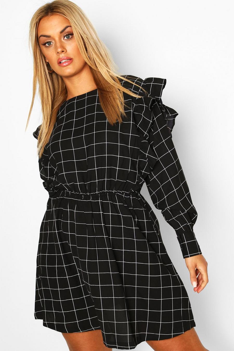שחור שמלת סקייטר עם הדפס רשת משבצות ומלמלה מידות גדולות image number 1