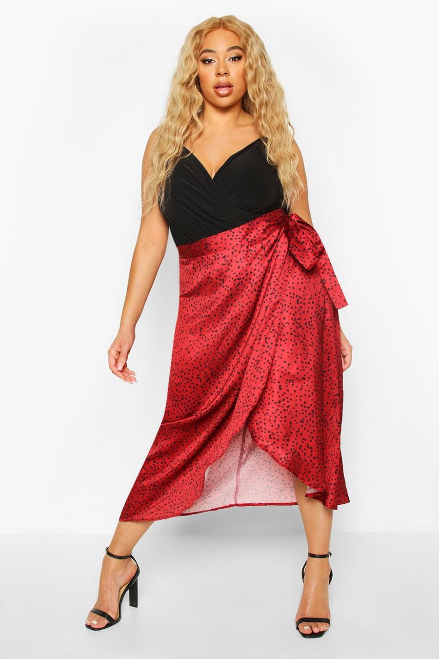 Berry red Plus Smudge Spot Satin Wrap Midaxi Skirt image number 1