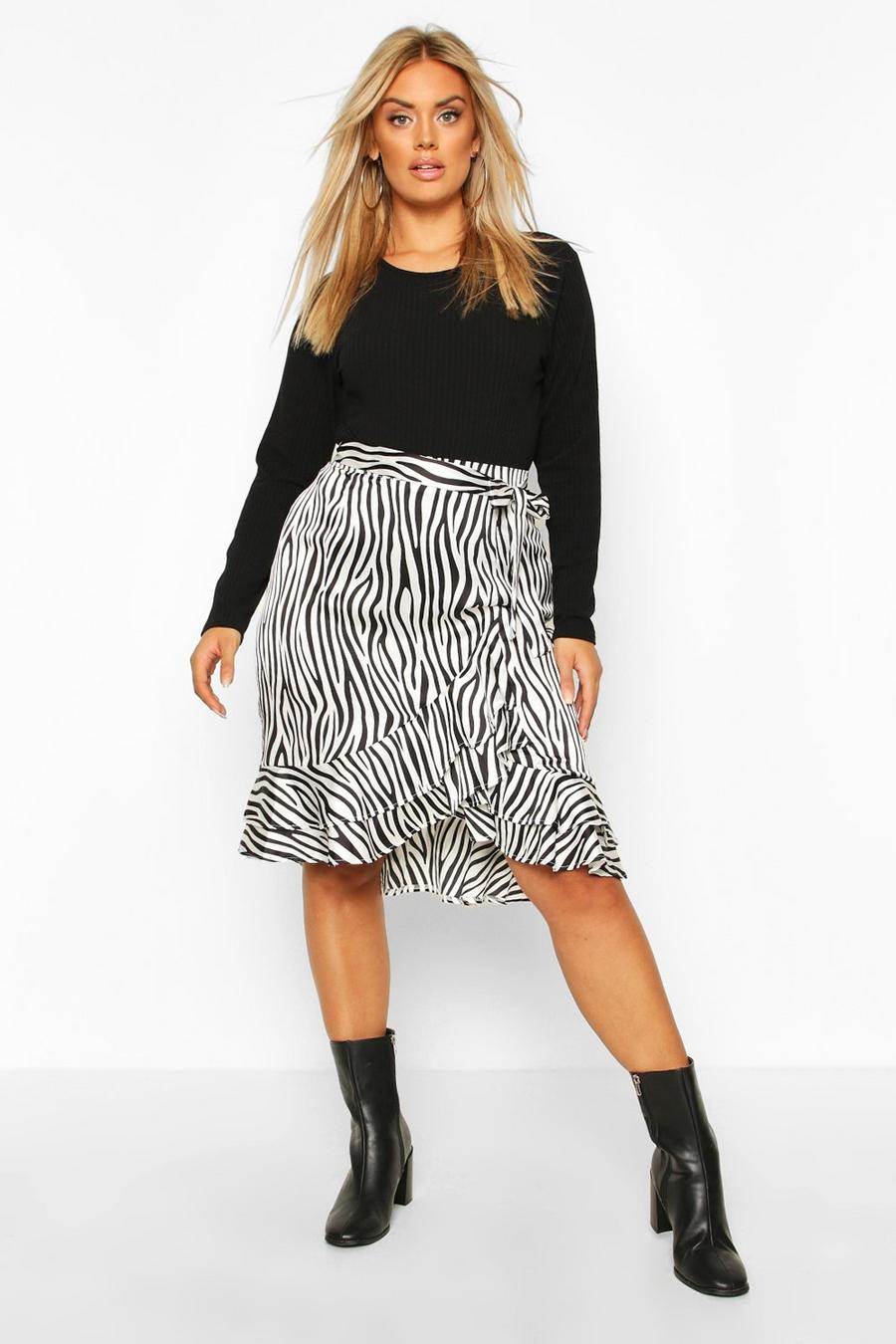 Plus Zebra Print Ruffle Self Belt Midi Skirt image number 1
