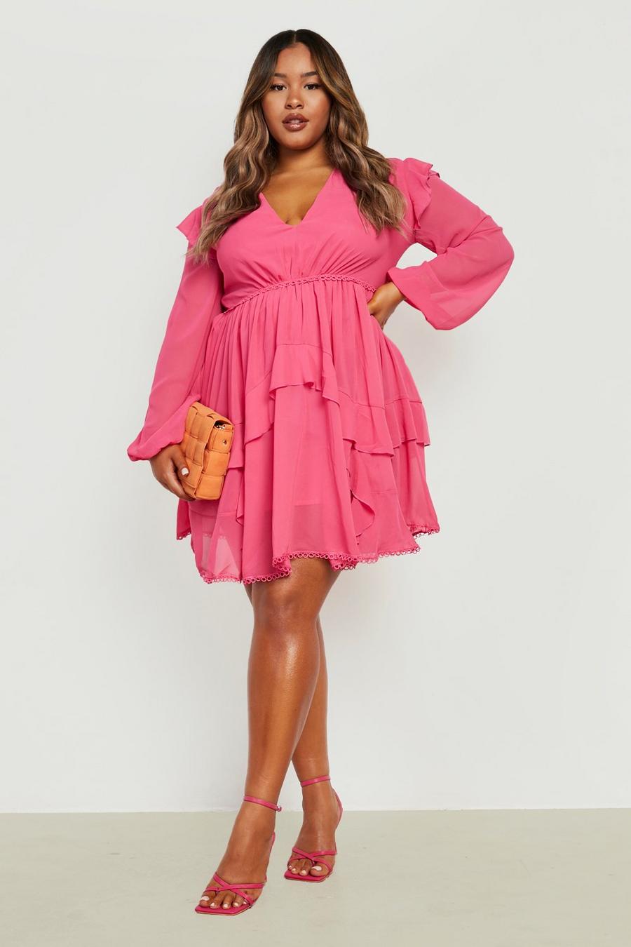 Pink Plus Tiered Ruffle Plunge Skater Dress image number 1