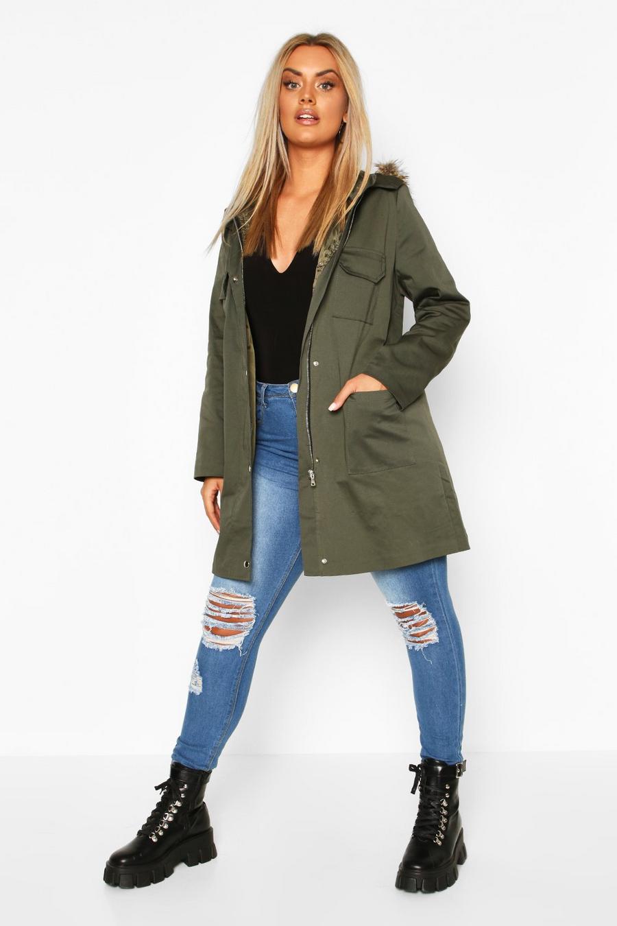 Khaki Plus Pocket Faux Fur Trim Hooded Parka Coat image number 1