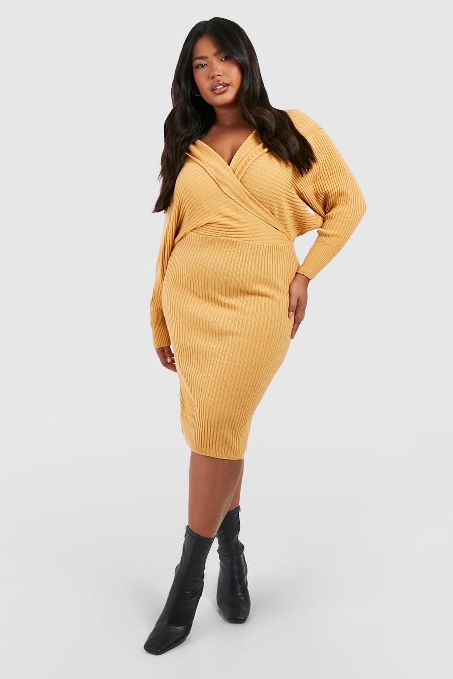 Camel Plus Wrap Knitted Midi Dress image number 1