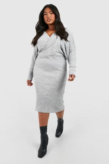 Gris Grande taille - Robe mi-longue portefeuille en maille