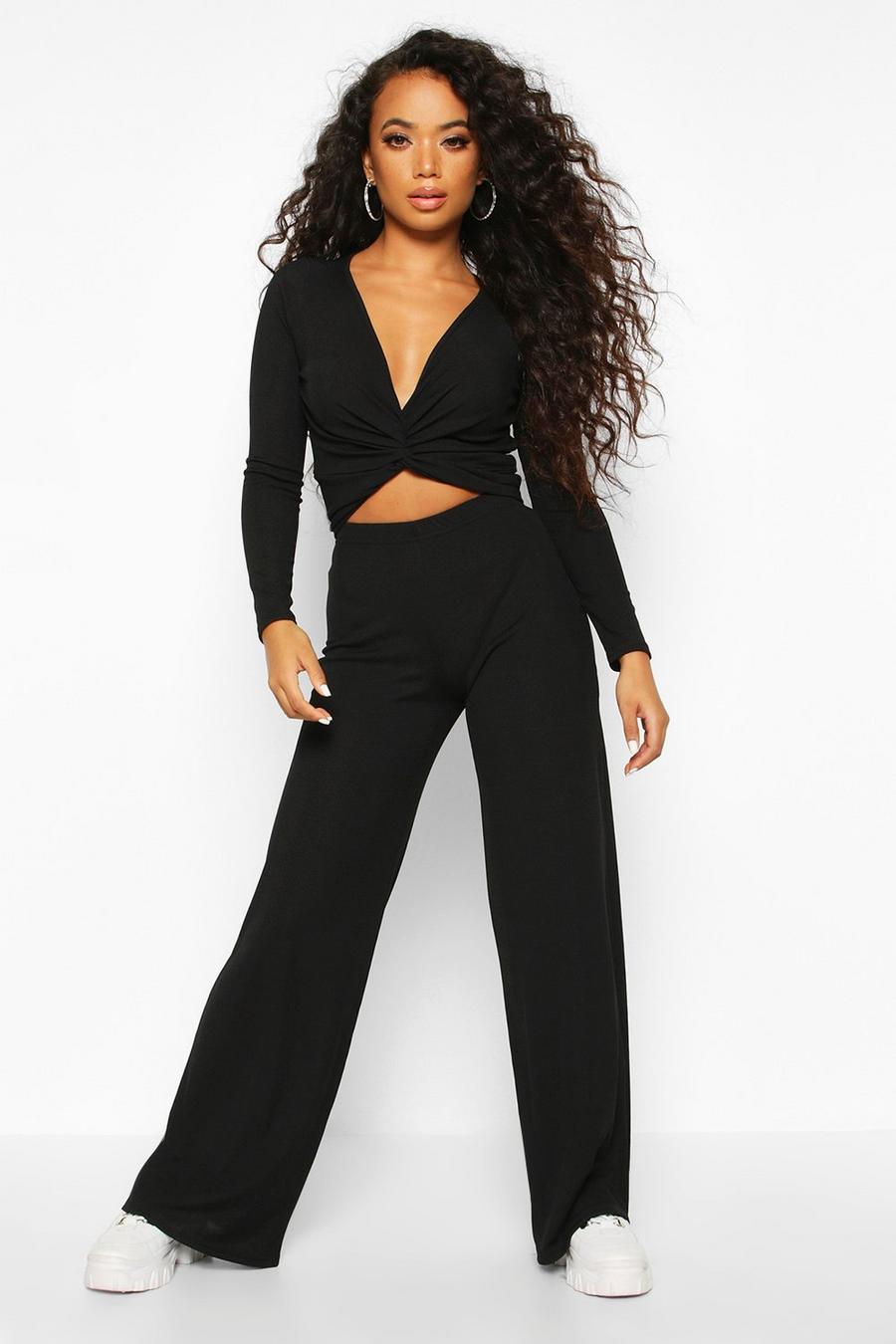 Petite Twist Front Top & Wide Leg Trouser Co-Ord, Black nero image number 1