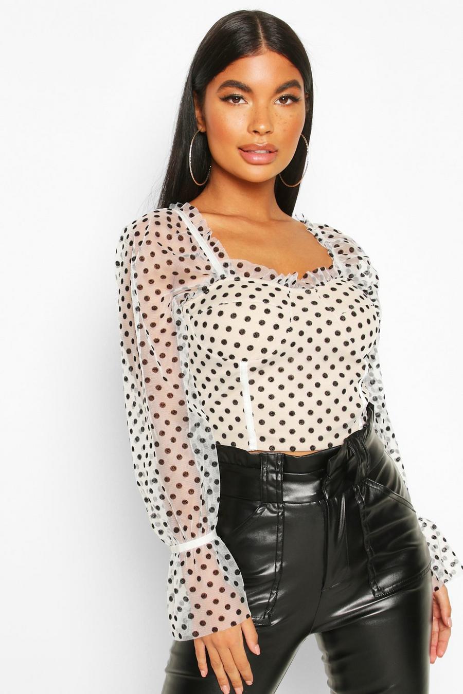 White Petite Puff Sleeve Spot Mesh Crop Top image number 1