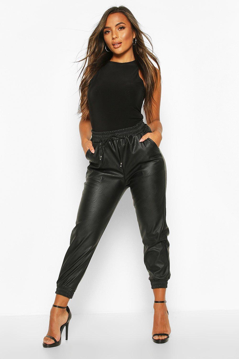 black leather joggers