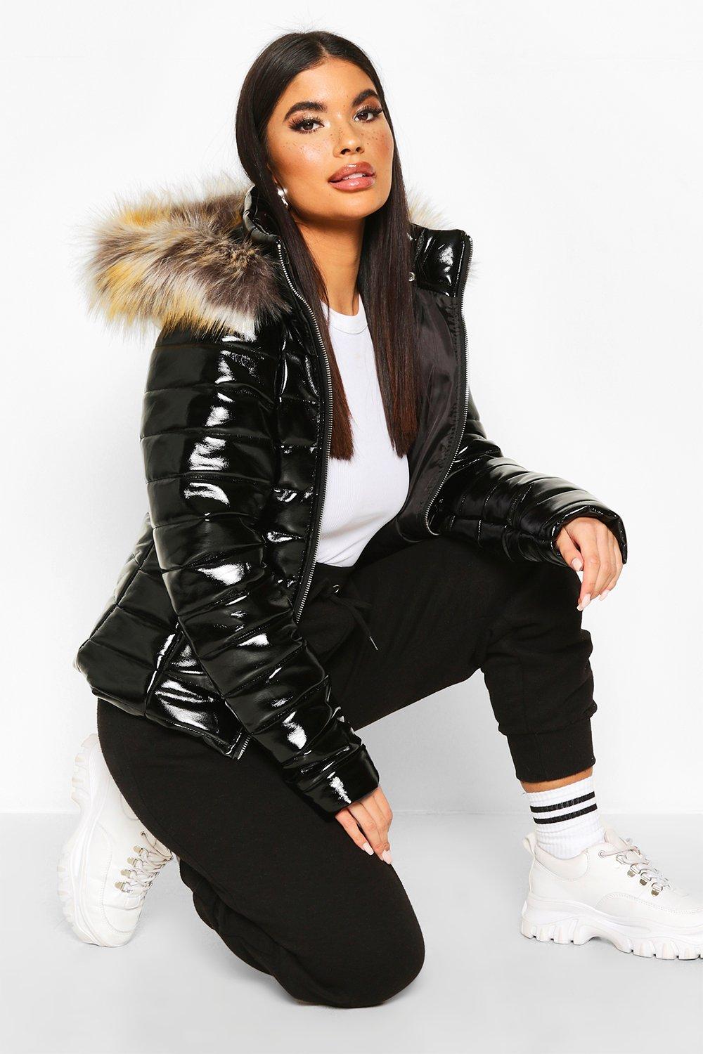 black high shine coat with faux fur hood