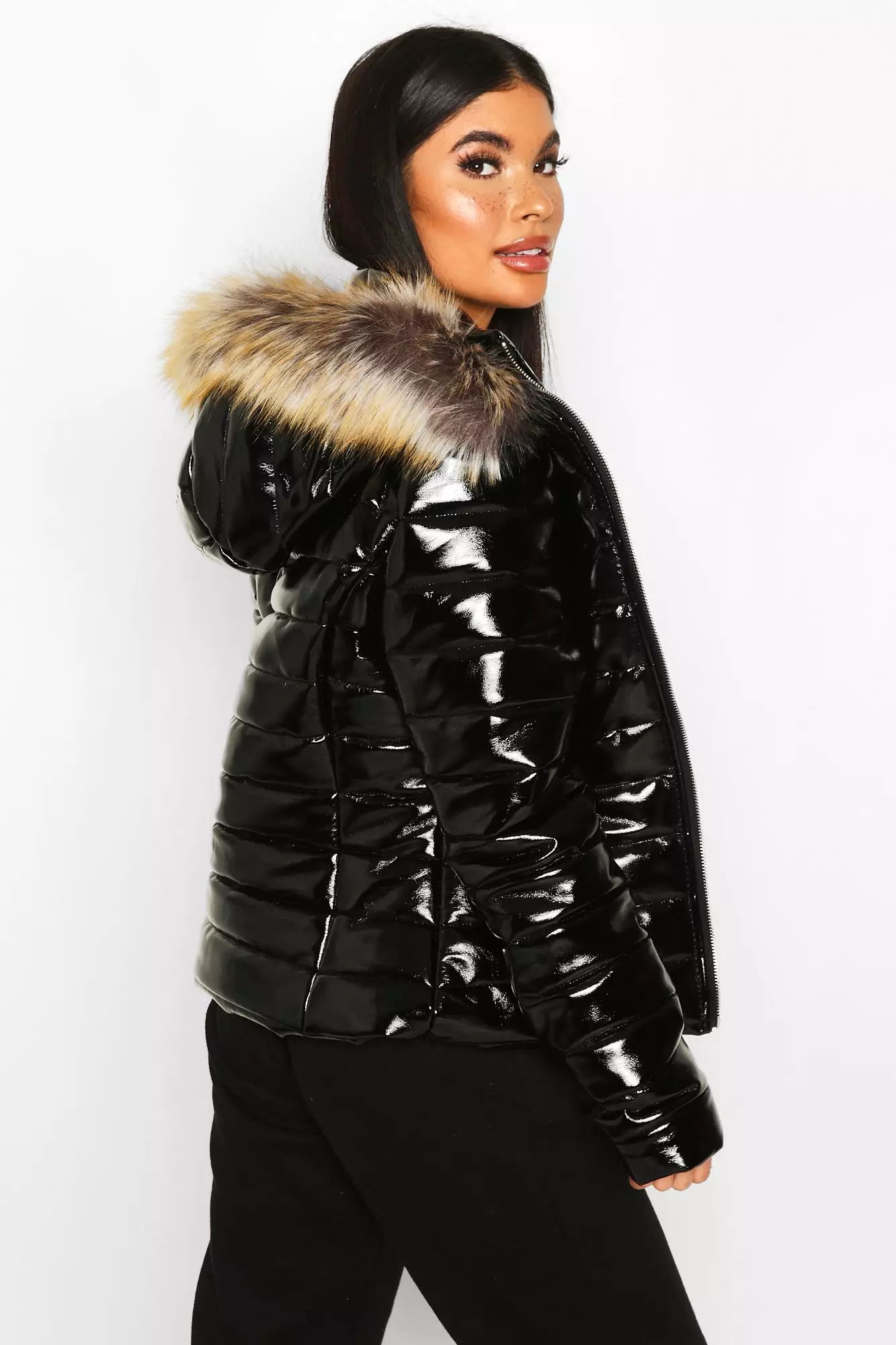 Petite high shine faux fur trim hooded discount coat