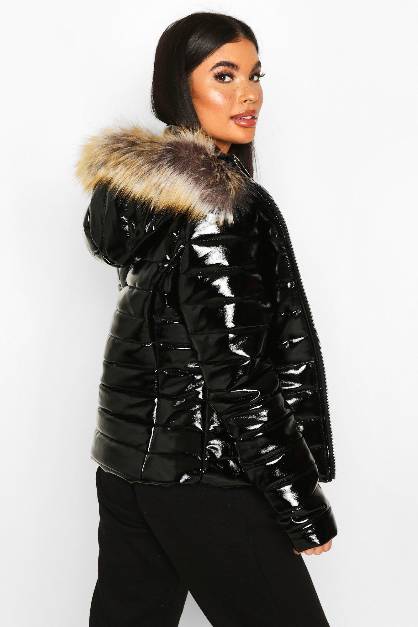 Black shiny cheap coat fur hood