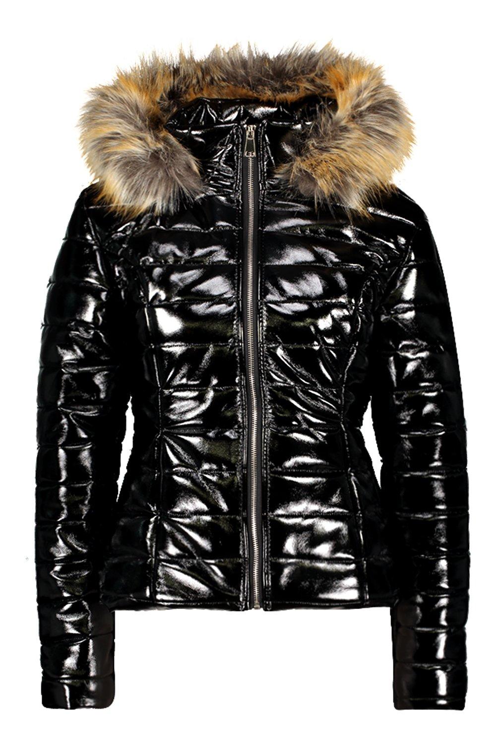 Petite High Shine Faux Fur Trim Hooded Coat