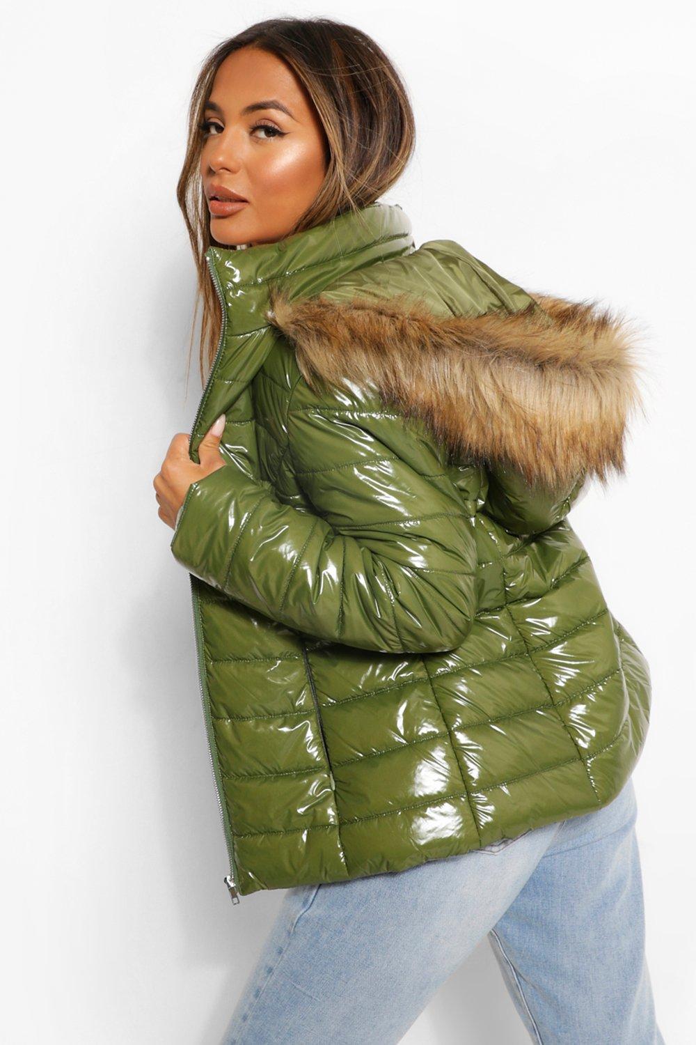 Petite high shine faux fur trim hooded coat hotsell