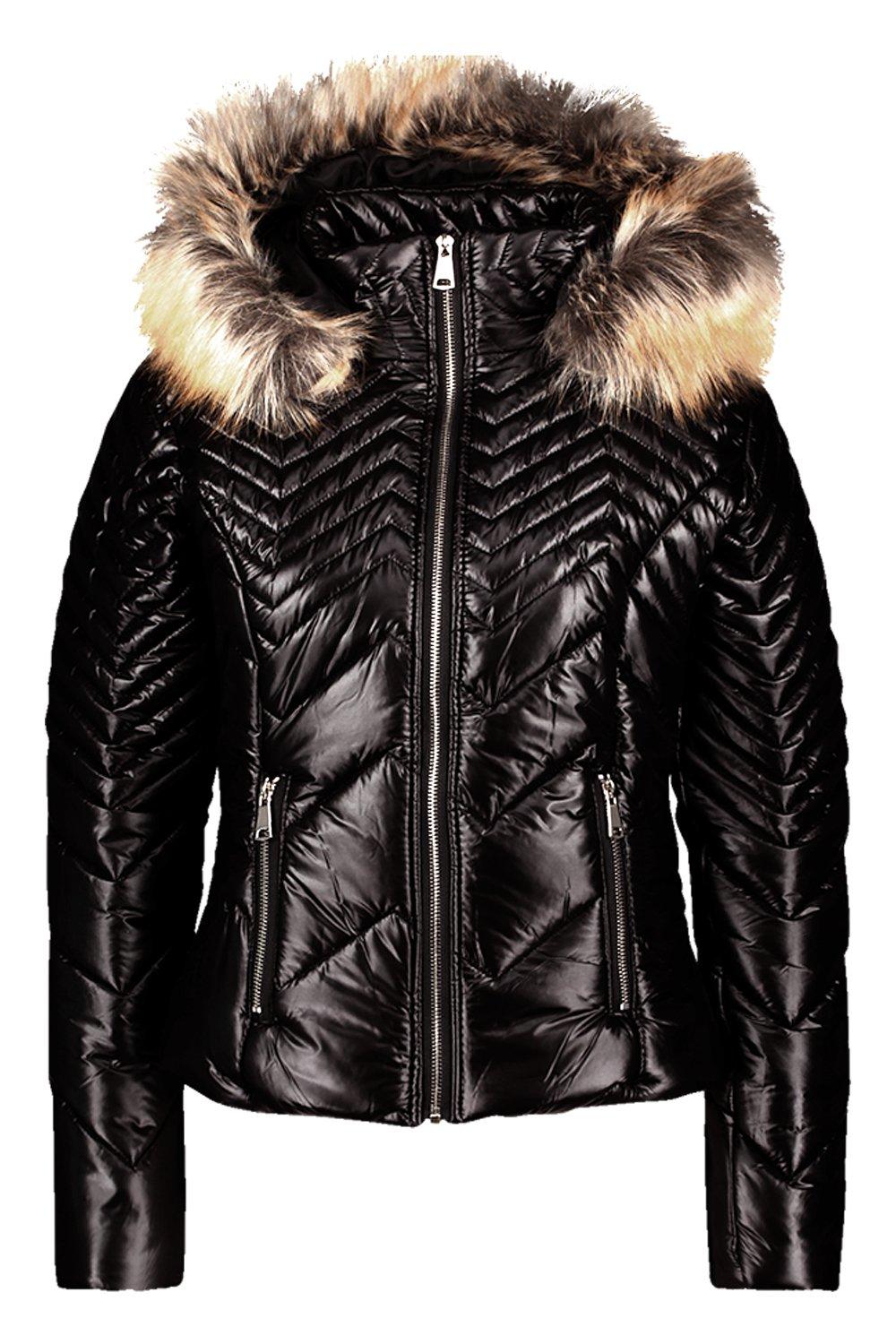 Petite High Shine Faux Fur Trim Padded Jacket