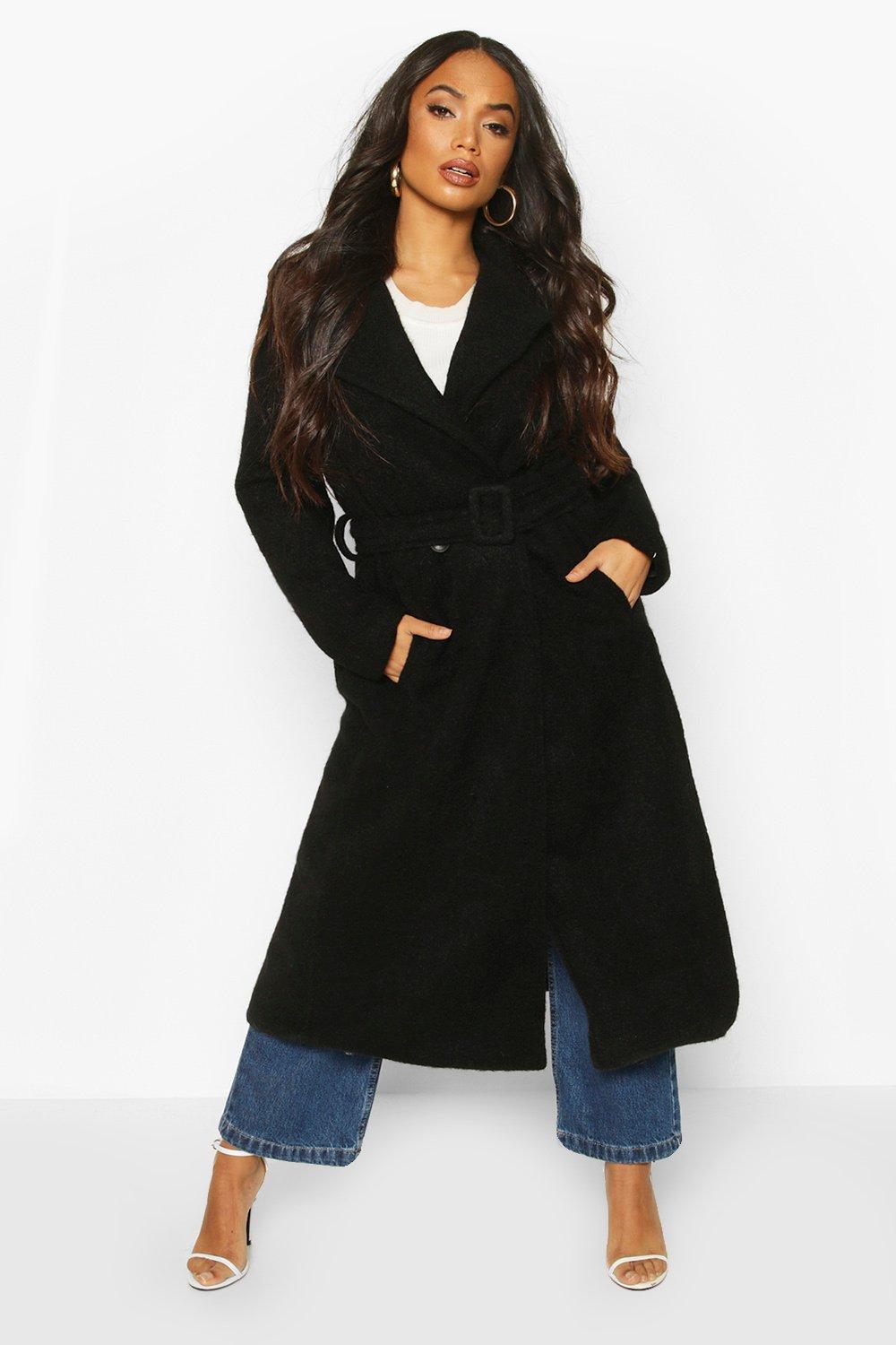 boohoo hooded wool look belted coat