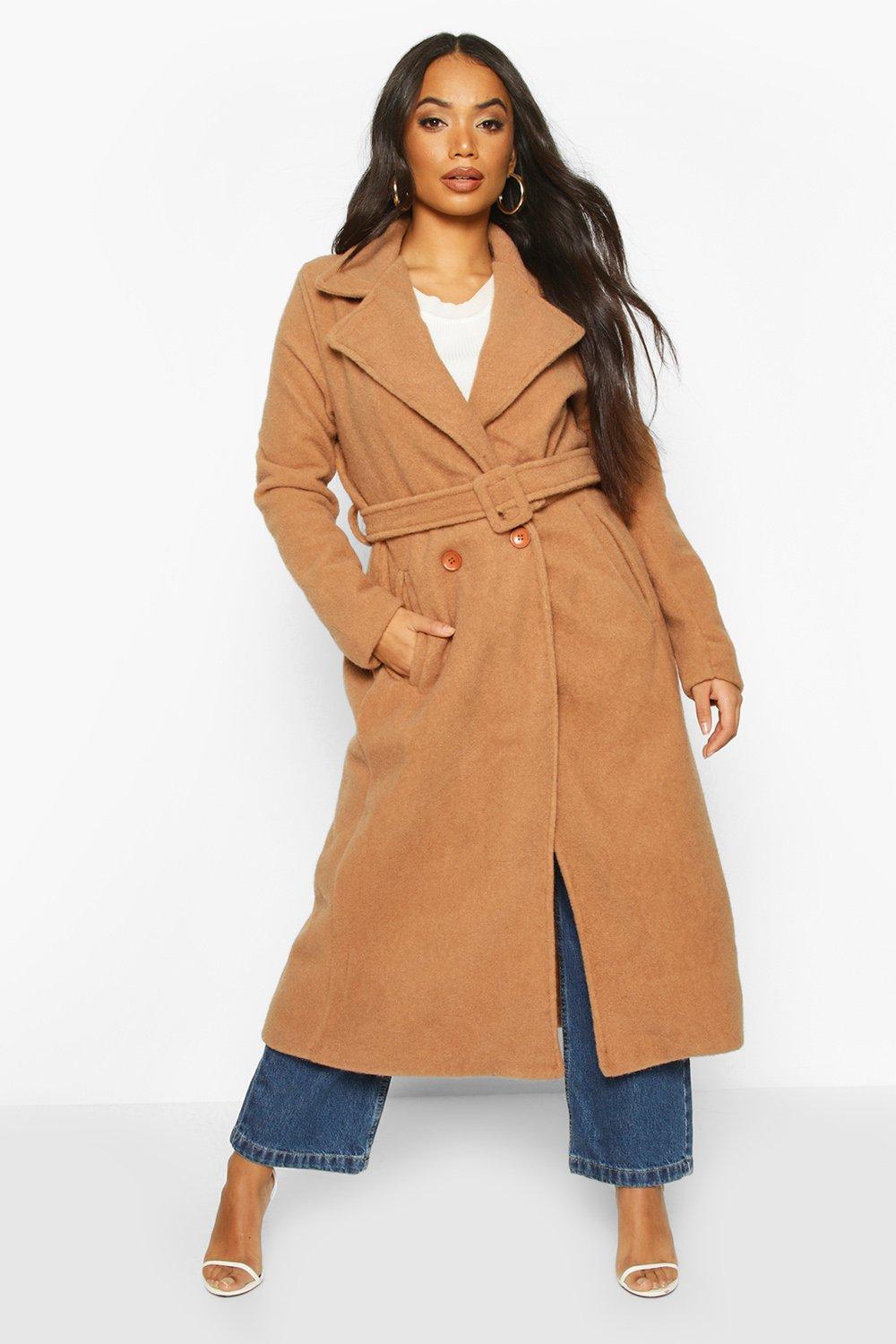 boohoo hooded wool look belted coat