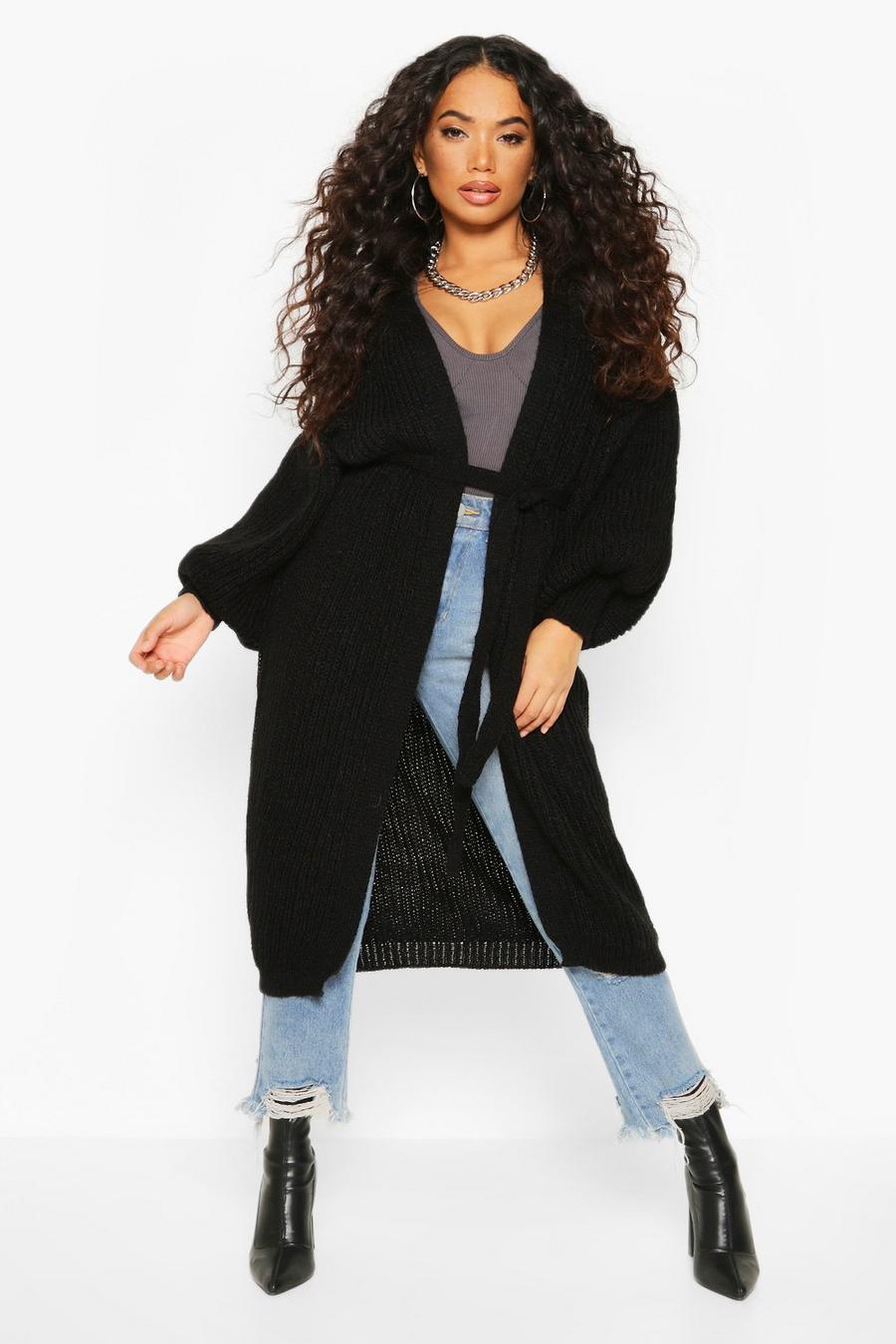 Black Petite Chunky Knit Belted Cardigan image number 1