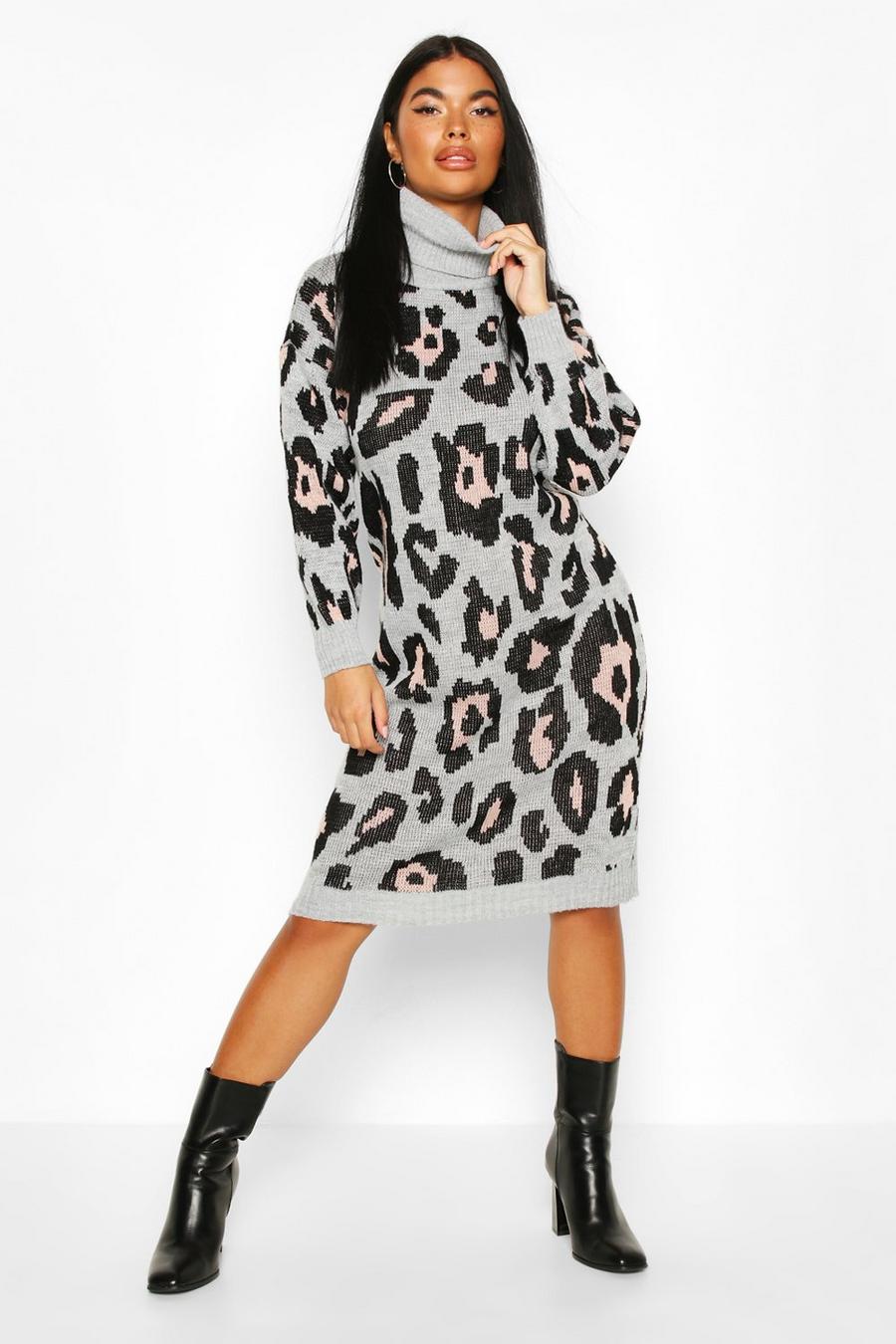 Petite - Leopardmönstrad stickad klänning med polokrage image number 1
